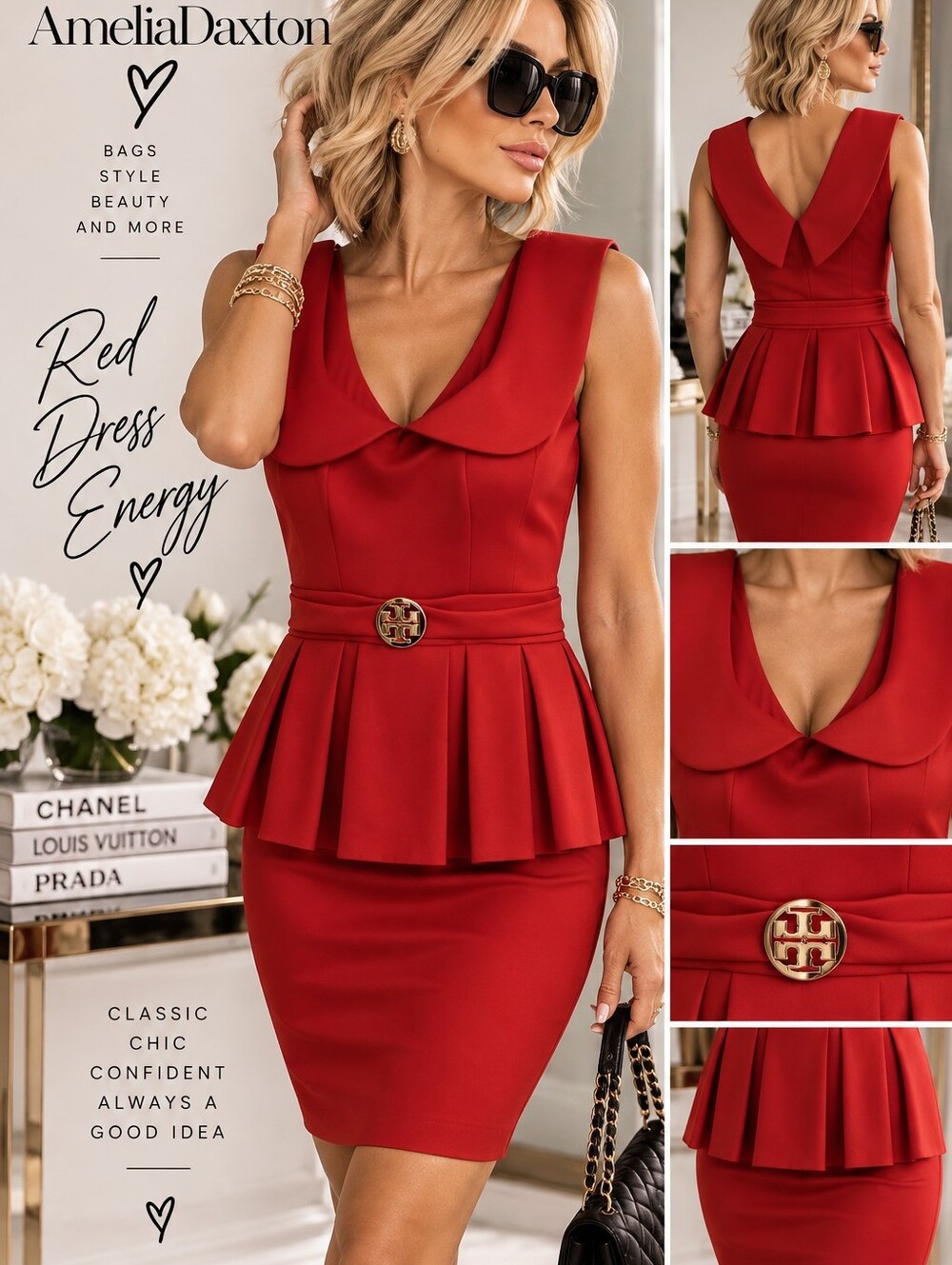 My Tien Collection Red Peplum Sheath Dress Gold Medallion Size M